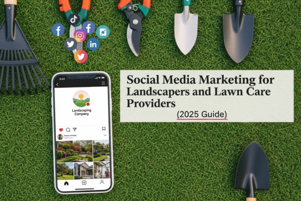 Landscaper team creating social media content for lawn care promotion using smartphones and laptops.