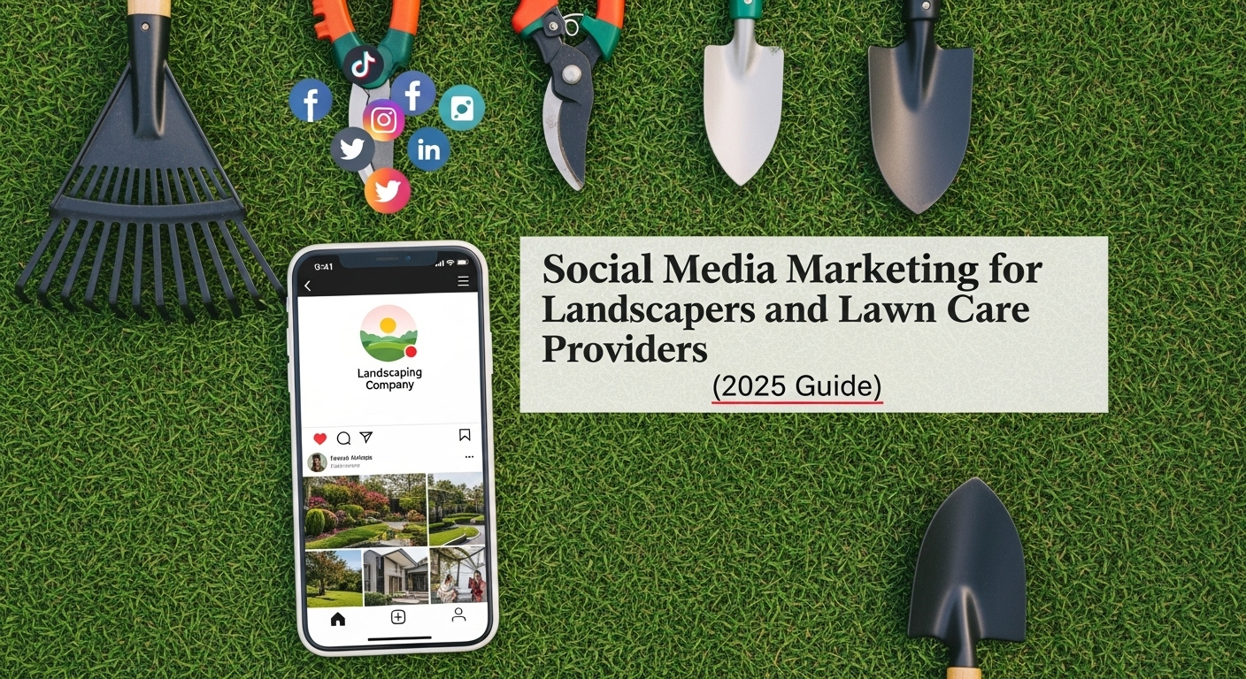 Landscaper team creating social media content for lawn care promotion using smartphones and laptops.