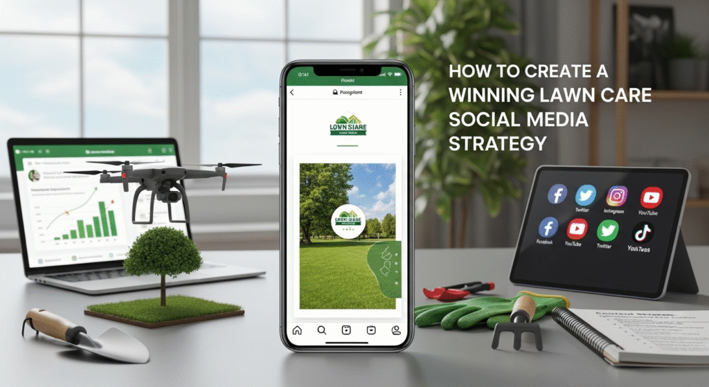 Landscaper team creating social media content for lawn care promotion using smartphones and laptops.